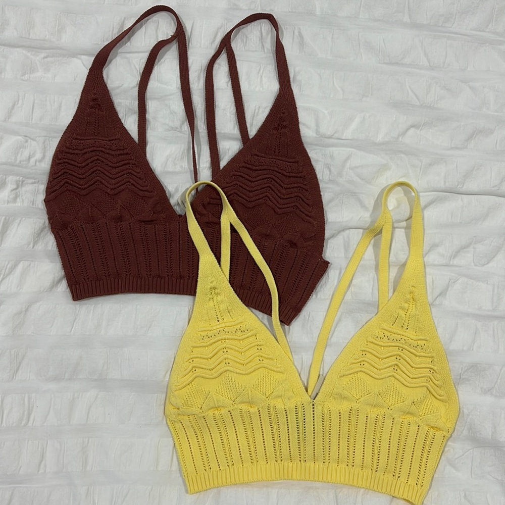 Free People Stylish Knit Bralette Set - Yellow and Brown